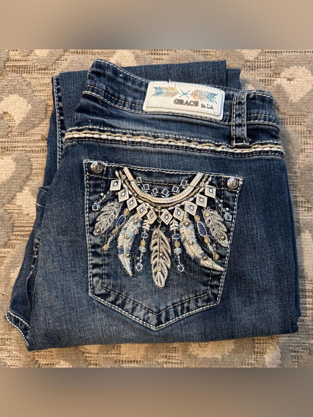 Grace Dark Blue Straight Leg Jeans with Embroidered Feather Pocket